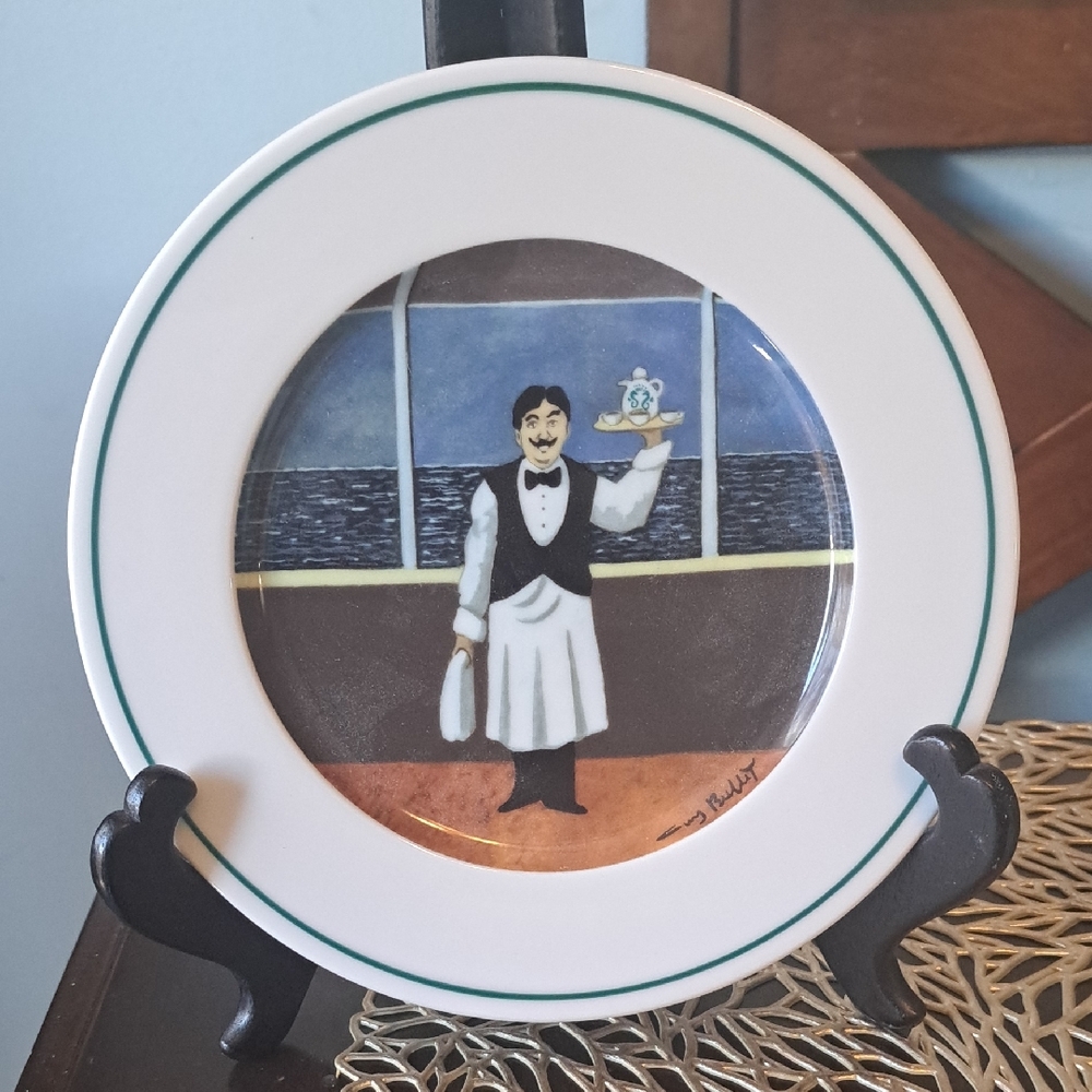 White Plate with Green Trim and Waiter Illustration